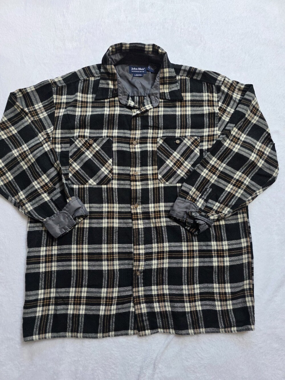 Vintage John Blair Plaid Flannel Shirt LGERG Large Black Tan 90s